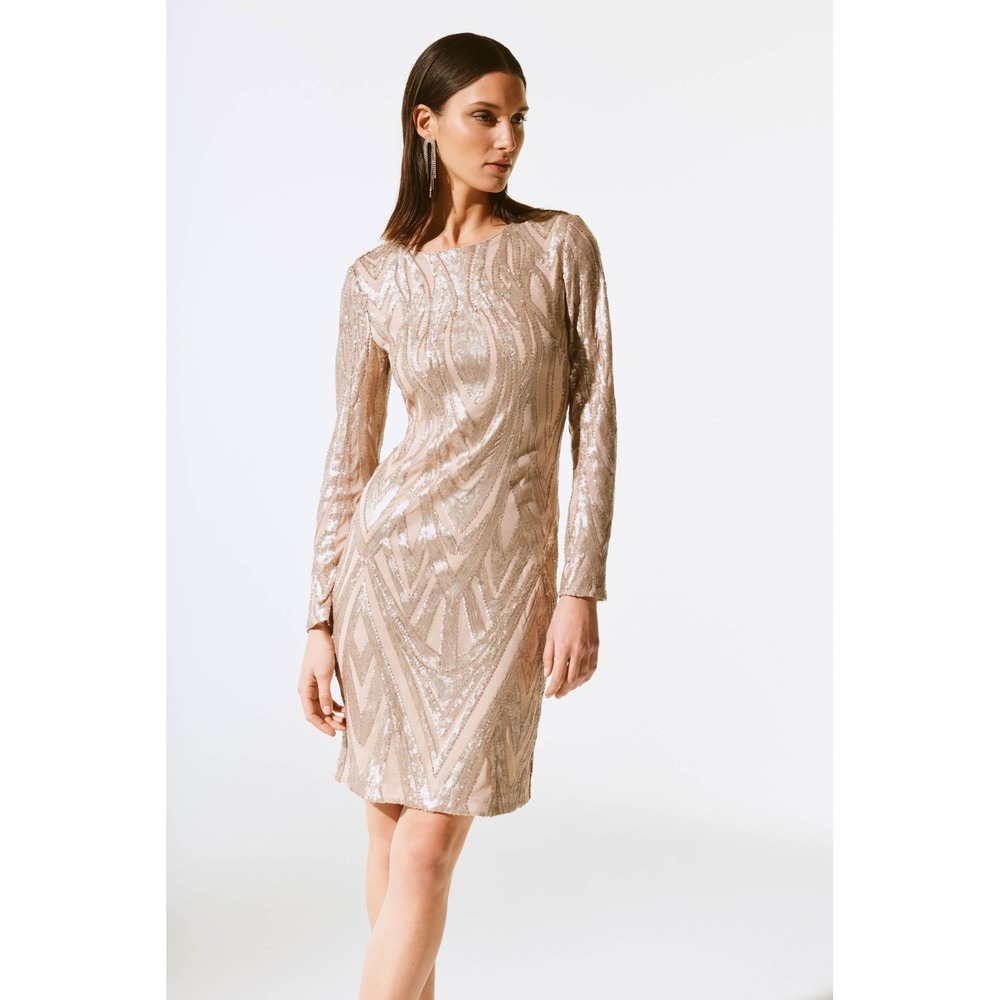 Joseph Ribkoff Signature Champagne Sequin Sheath Party Dress Back Cutout Size 12